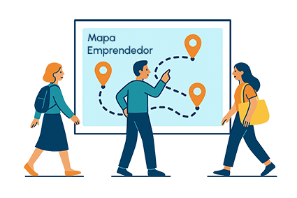 Personas explorando un mapa emprendedor con rutas marcadas