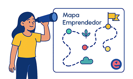 Ilustración del Mapa Emprendedor con ruta punteada, puntos clave y meta señalada con bandera