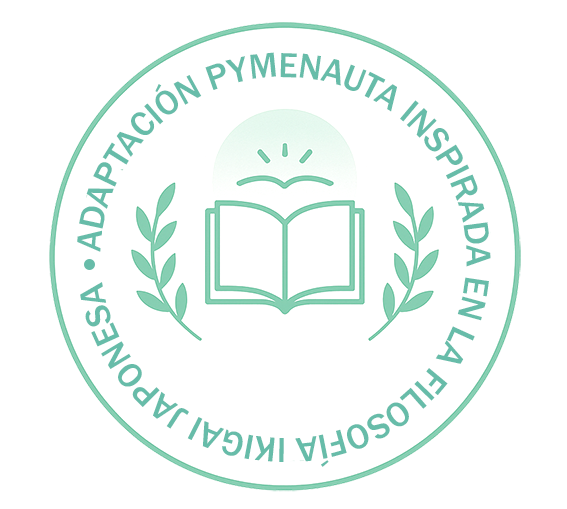 Sello circular con libro abierto y ramas de laurel que representa la adaptación de Pymenauta basada en el Ikigai
