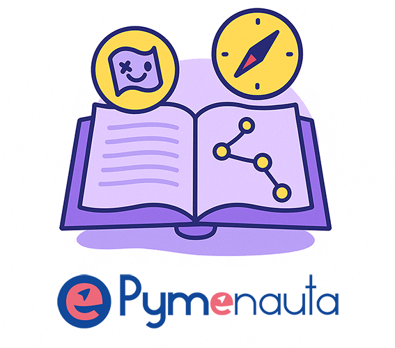 Libro abierto con iconos flotantes de mapa y brújula; autoría Pymenauta