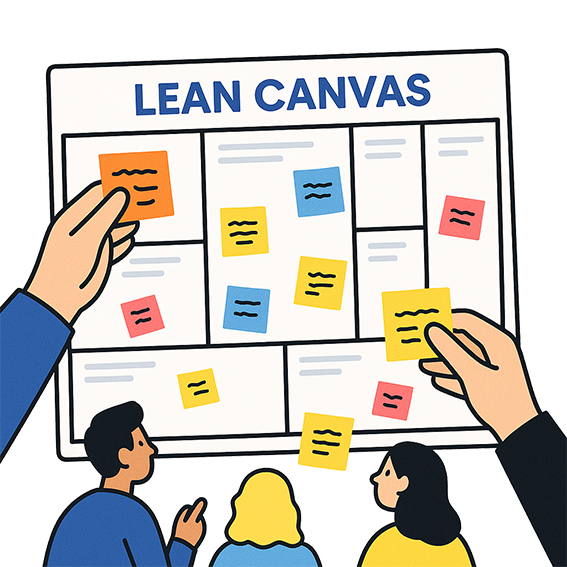 Close-up de la plantilla con notas adhesivas en los bloques.