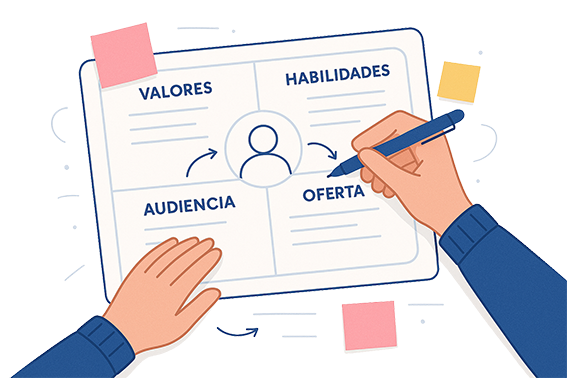 Manos llenando un canvas con secciones de valores, habilidades, audiencia y oferta.