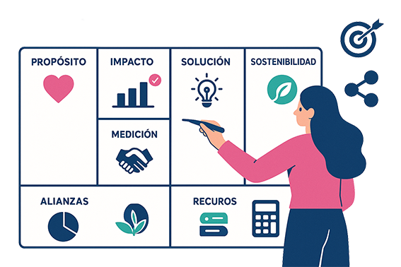 Guía visual: persona llenando los bloques del Social Lean Canvas con iconografía alineada
