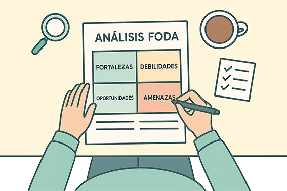 Vista cenital de manos escribiendo en hoja FODA con íconos de lupa, reloj y checklist