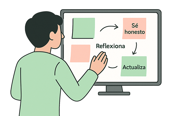 Persona frente a pantalla con notas: Sé honesto, Reflexiona, Actualiza