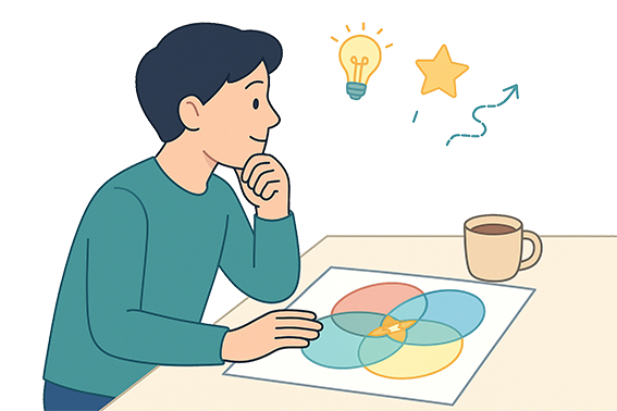 Persona escribiendo en una libreta con un foco encendido y planta al lado