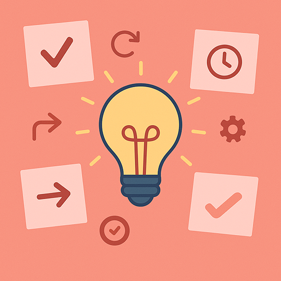 Bombilla central rodeada de notas adhesivas e iconos de tips