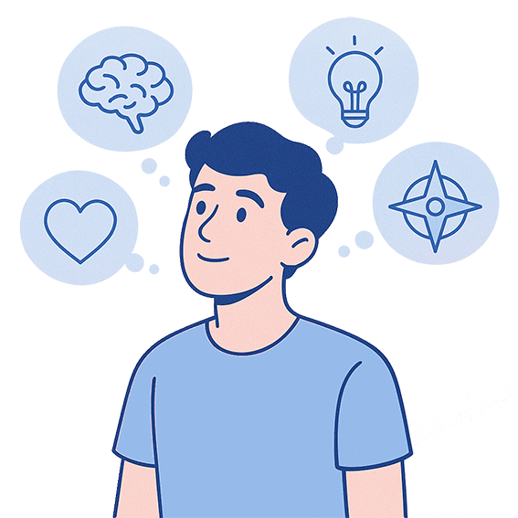 Persona reflexionando con iconos de cerebro, corazón, brújula y foco como ideas.