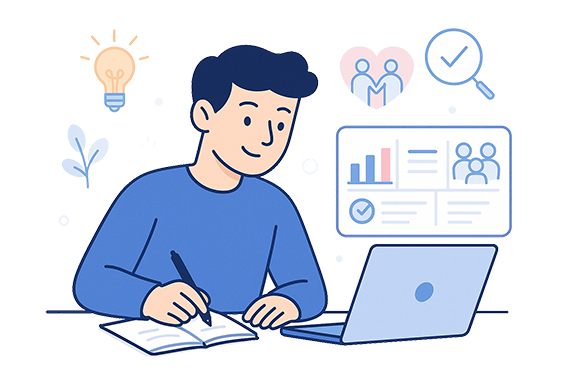 Emprendedor social reflexionando con laptop y libreta junto a iconos de foco y evaluación