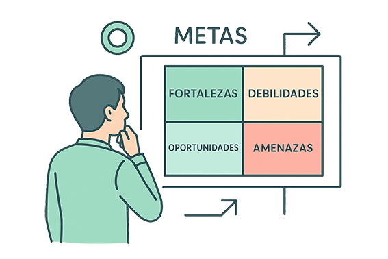 Persona observando tablero FODA con flechas de dirección y la palabra Metas