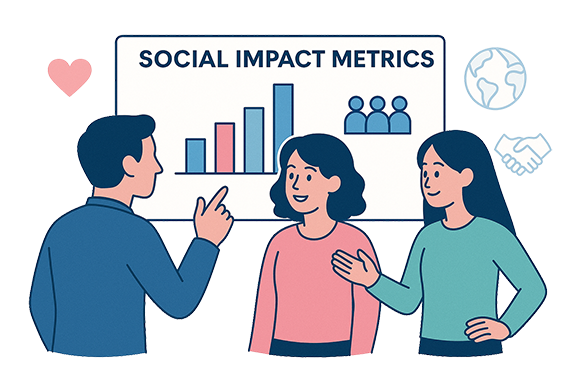 Tres personas colaborando frente a tablero con métricas sociales y símbolos de cooperación