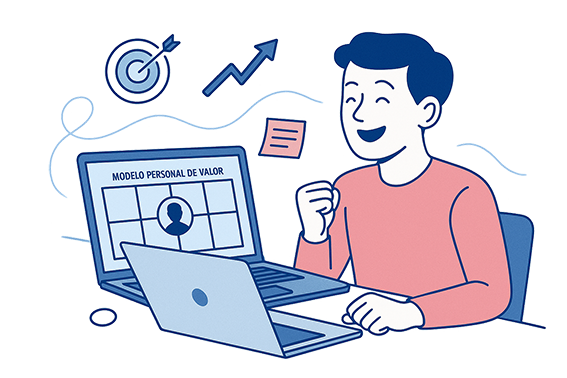 Persona frente a laptop usando la plantilla con iconos de metas, crecimiento y planificación.
