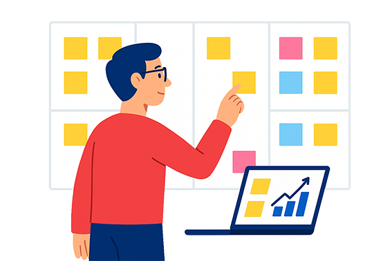 Equipo analizando ideas en pizarra con notas de colores