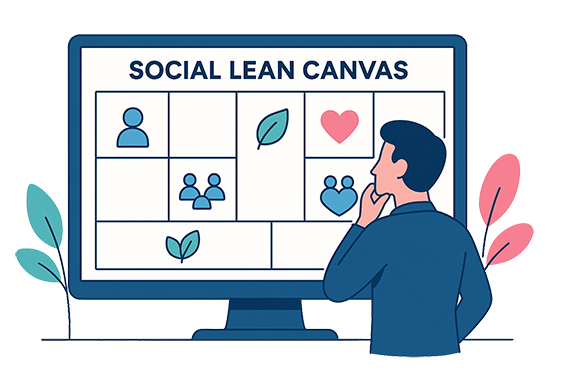 Esquema del Social Lean Canvas con bloques e íconos de propósito, comunidad y sostenibilidad