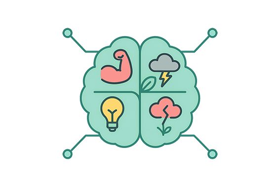 Cerebro dividido en cuatro zonas con iconos de Fortalezas, Debilidades, Oportunidades y Amenazas