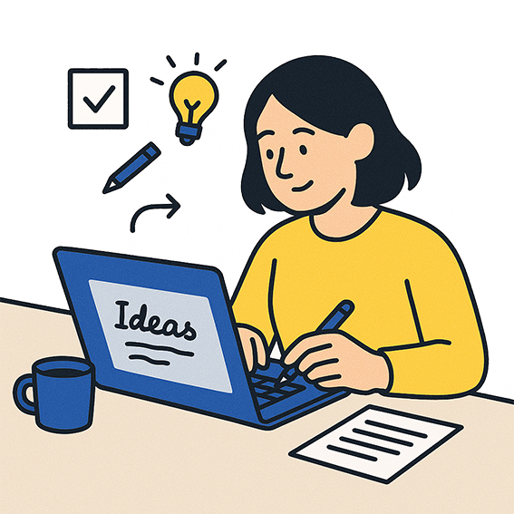 Persona escribiendo ideas en laptop con íconos de tips alrededor.
